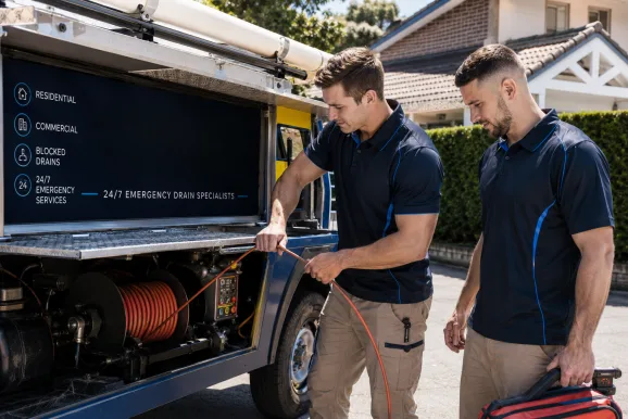 Two plumbers working on a blocked drain in Mona Vale