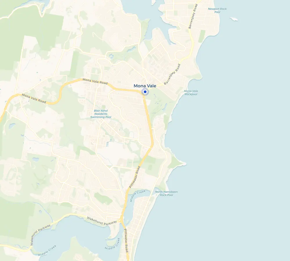 Map of the Mona Vale service area and the surrounding Northern Beaches, showing Mona Vale and the nearby streets we cover.