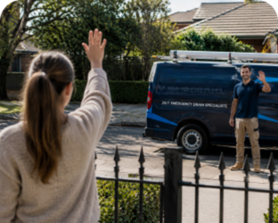 Customer waving goodbye to a Mona Vale Blocked Drains plumber